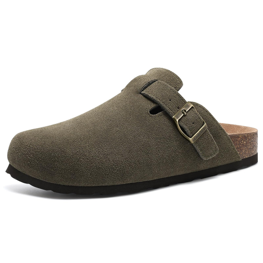 ODOLY Genuine Suede Clogs for Women Men Soft Cork Footbed Leather Mules Comfort Potato Shoes with Arch Support