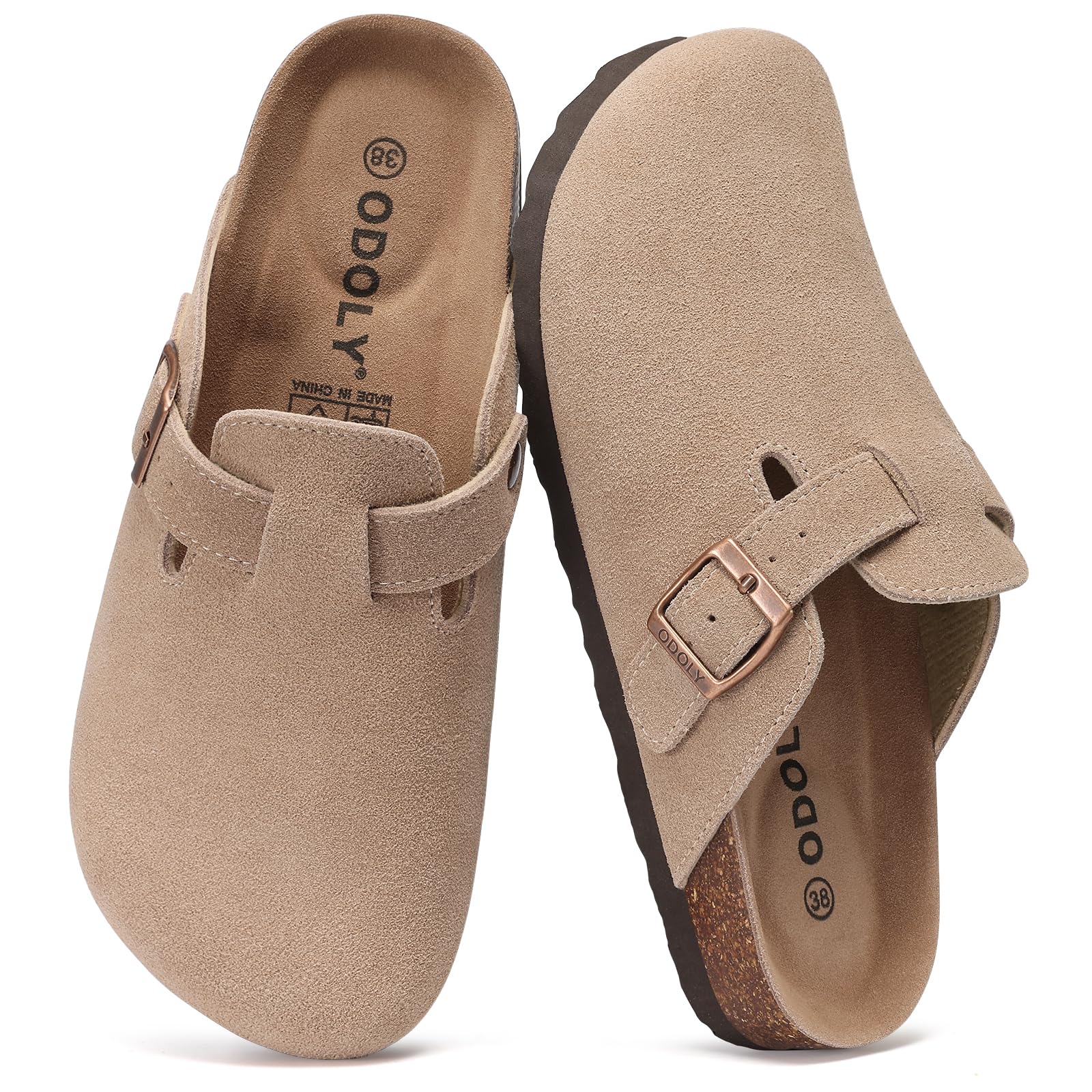 ODOLY Genuine Suede Clogs for Women Men Soft Cork Footbed Leather Mules Comfort Potato Shoes with Arch Support