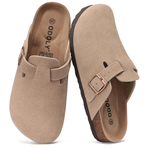 ODOLY Genuine Suede Clogs for Women Men Soft Cork Footbed Leather Mules Comfort Potato Shoes with Arch Support
