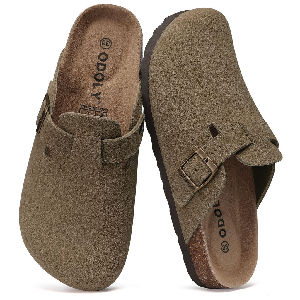 ODOLY Genuine Suede Clogs for Women Men Soft Cork Footbed Leather Mules Comfort Potato Shoes with Arch Support