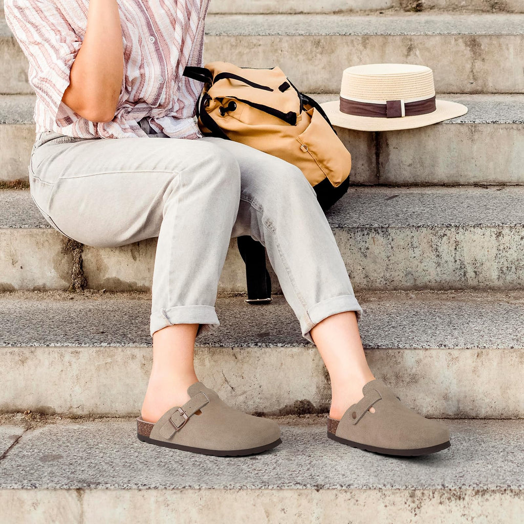 ODOLY Genuine Suede Clogs for Women Men Soft Cork Footbed Leather Mules Comfort Potato Shoes with Arch Support