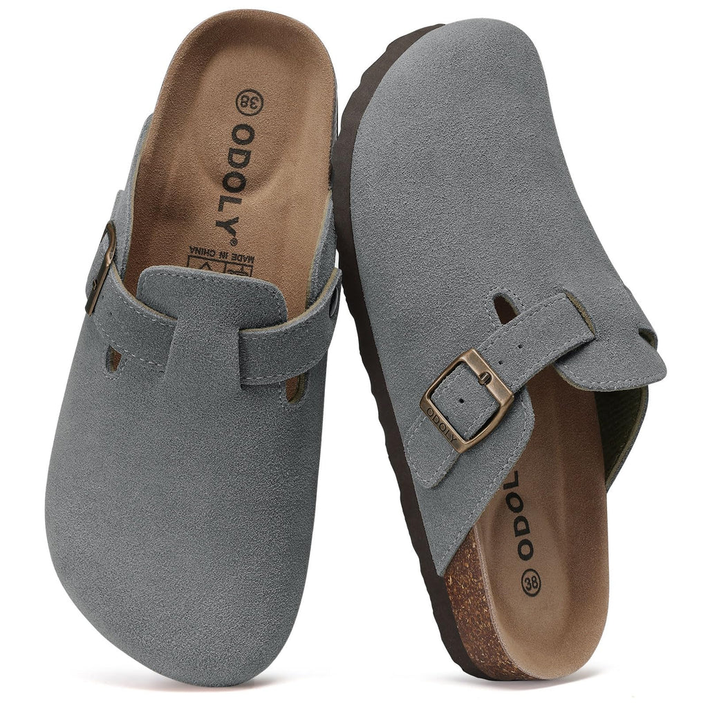 ODOLY Genuine Suede Clogs for Women Men Soft Cork Footbed Leather Mules Comfort Potato Shoes with Arch Support