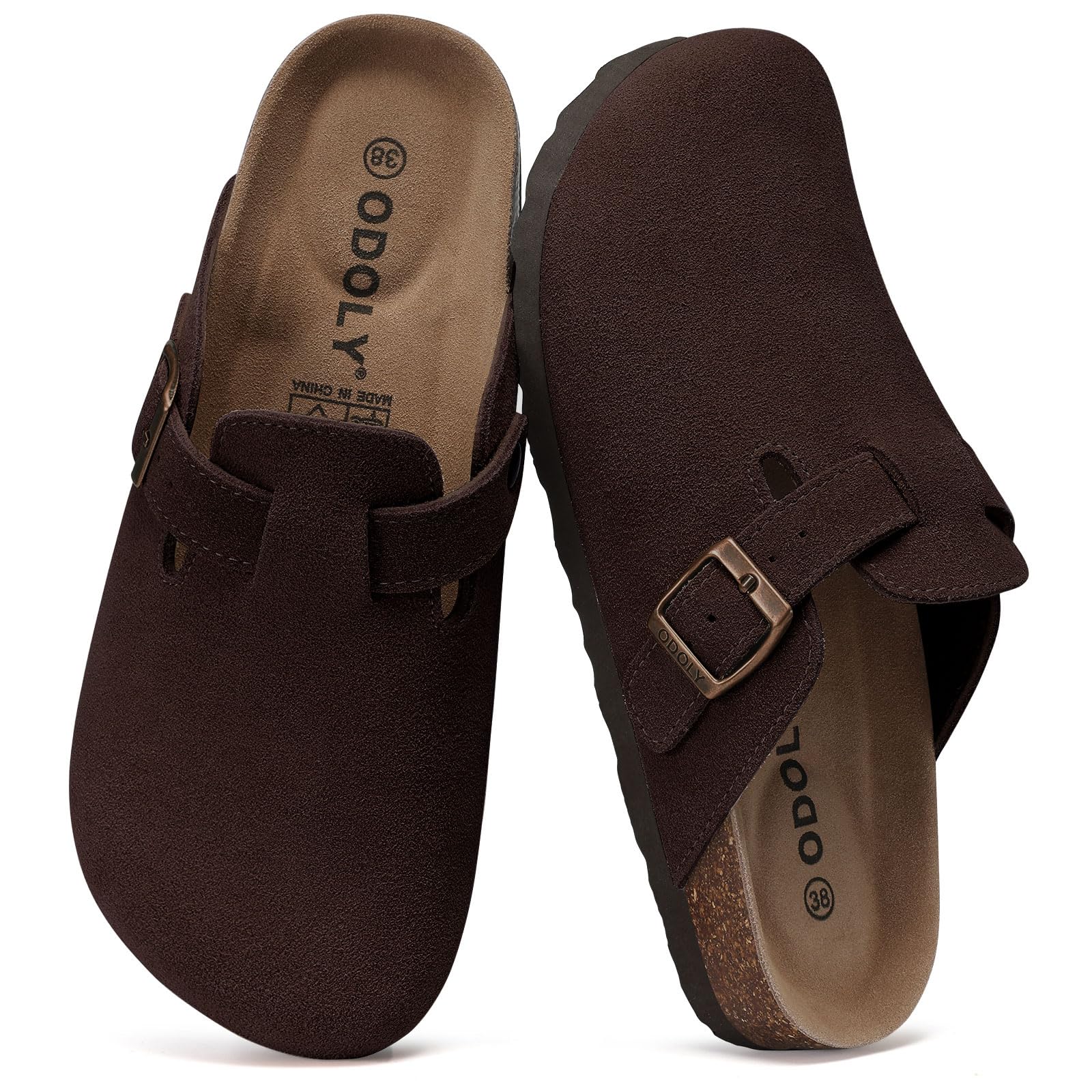 ODOLY Genuine Suede Clogs for Women Men Soft Cork Footbed Leather Mules Comfort Potato Shoes with Arch Support